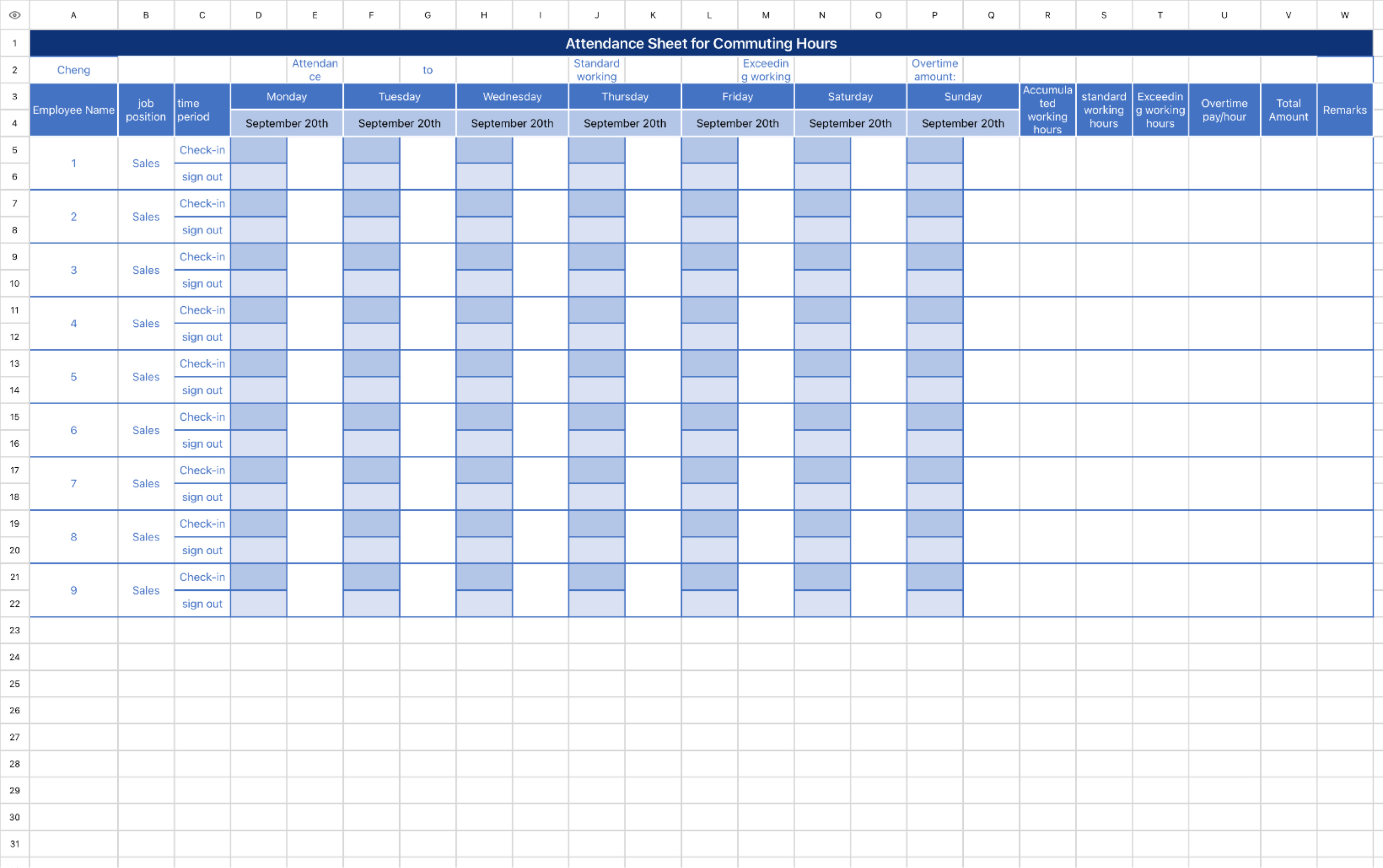 Attendance Sheet for Commuting Hours 1
